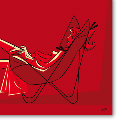 Dettaglio Quadro 'Femme Rouge' di Antonio Lapone, donna stilizzata su sfondo rosso, espressione di eleganza e fascino moderno.