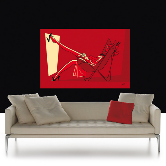 Ambientazione Quadro 'Femme Rouge' di Antonio Lapone, donna stilizzata su sfondo rosso, espressione di eleganza e fascino moderno.