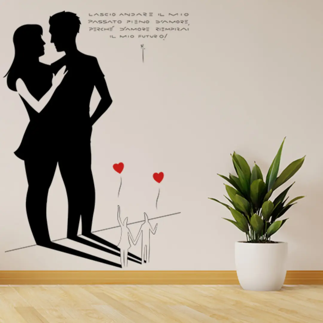 Adesivo murale 'Due Cuori', silhouette romantica di coppia con cuori rossi - emblema di amore e connessione profonda. versione esempio ingresso