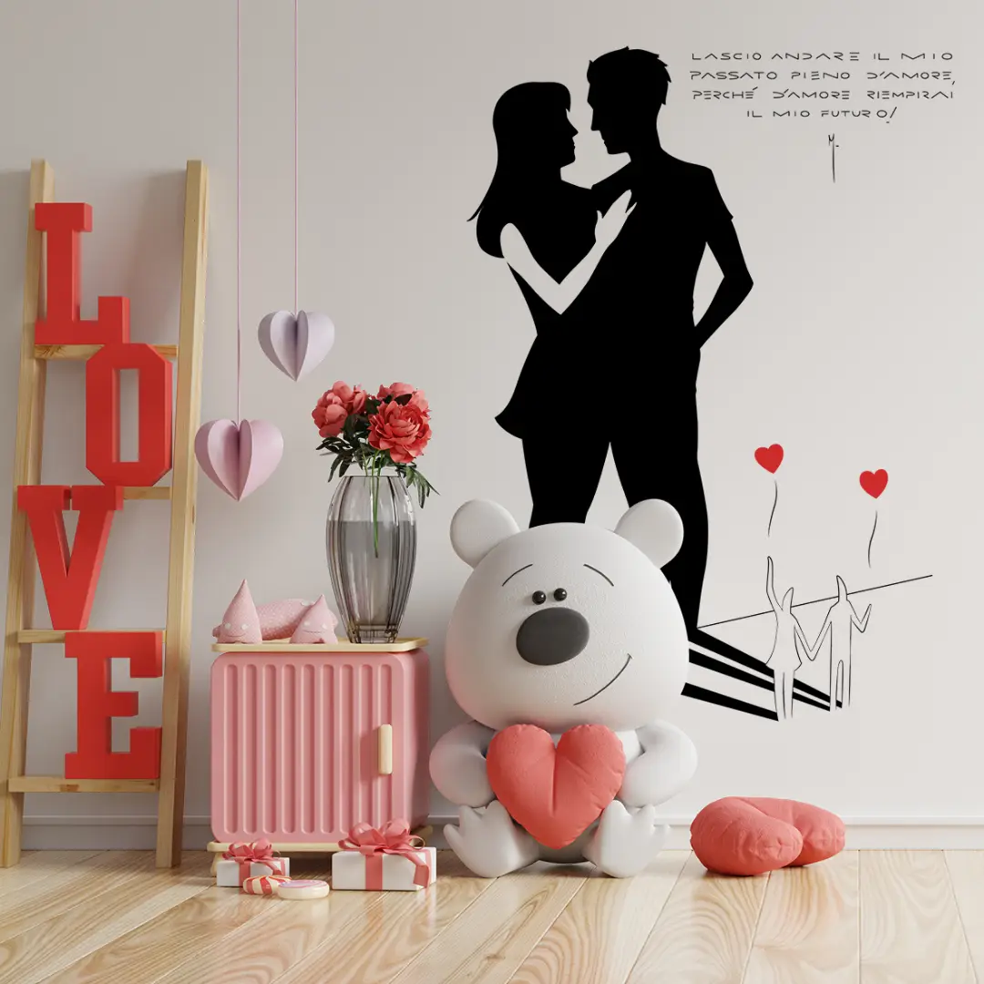 Adesivo murale 'Due Cuori', silhouette romantica di coppia con cuori rossi - emblema di amore e connessione profonda. versione esempio party