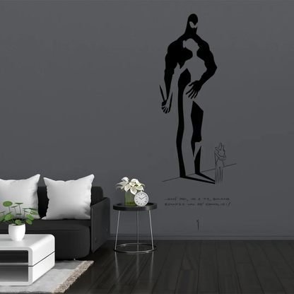 Silhouette artistica in bianco e nero di Diabolik ed Eva Kant su parete, simbolo di avventura e stile italiano in ambiente scuro