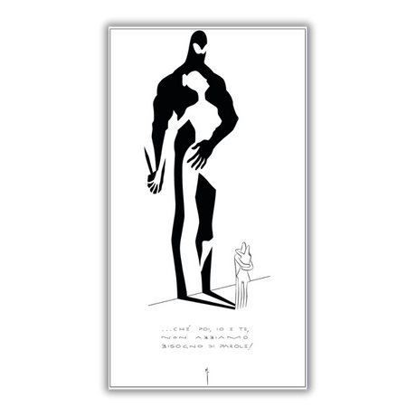 Silhouette artistica in bianco e nero di Diabolik ed Eva Kant su parete, simbolo di avventura e stile italiano.