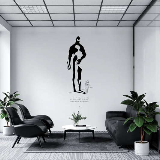 Silhouette artistica in bianco e nero di Diabolik ed Eva Kant su parete, simbolo di avventura e stile italiano sulla parete
