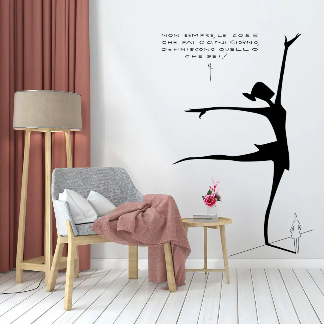 Silhouette stilizzata di una ballerina in posa elegante come adesivo murale, simbolo di grazia e movimento artistico su parete.