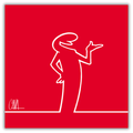 Quadro Silhouette di MrLINEA in una posa che indica parlare o conversare, in bianco su sfondo rosso, opera di Cavandoli.