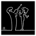 Quadro con fondo nero dell' Illustrazione 'MrLINEA, brindiamo? Cin Cin!' di Osvaldo Cavandoli, con figure che alzano i calici in un brindisi festoso.