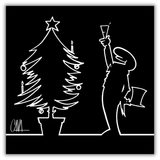 Quadro di MrLINEA in festa con 'Happy Christmas!' di Cavandoli, un brindisi alla gioia natalizia su uno sfondo nero di stile minimalista.