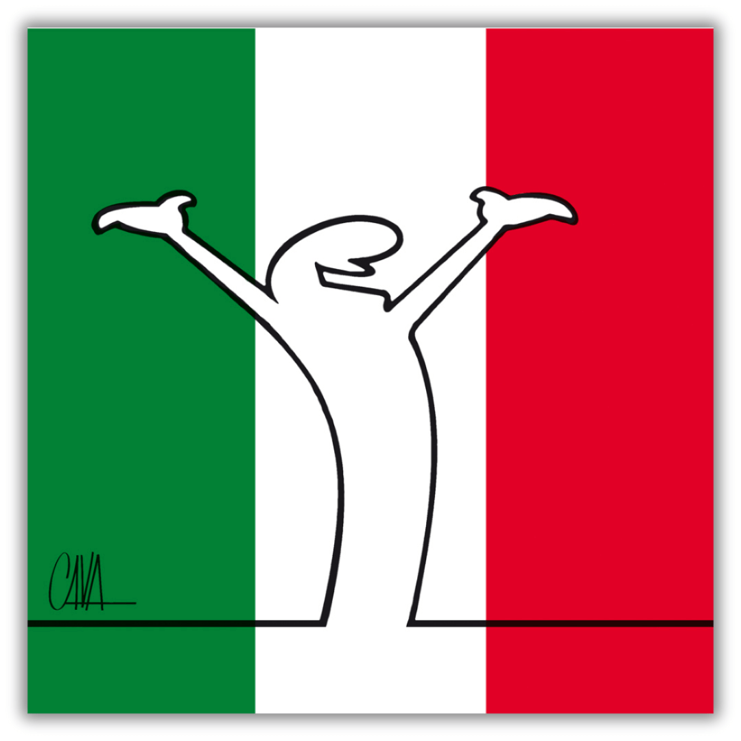 Quadro con Immagine minimalista di MrLINEA con le braccia alzate in segno di gioia ed esultanza, opera di Osvaldo Cavandoli.