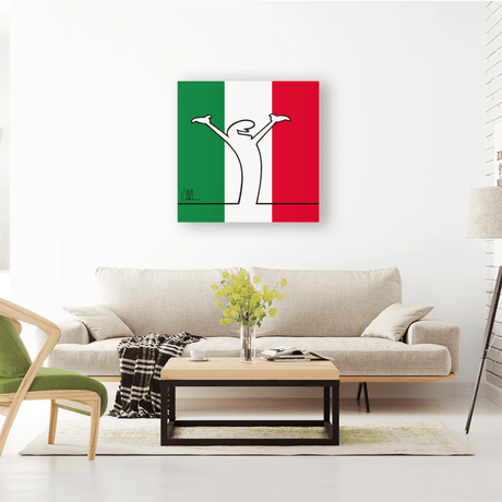 Immagine minimalista di MrLINEA con le braccia alzate in segno di gioia ed esultanza, opera di Osvaldo Cavandoli.