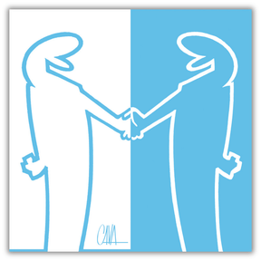 Quadro MrLINEA, Forza bianco-azzurri! - quadro di Osvaldo Cavandoli raffigurante due figure stilizzate in bianco e azzurro che si stringono la mano.