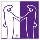 Quadro MrLINEA, Forza viola! con due figure stilizzate in bianco che si stringono la mano su sfondo diviso in bianco e viola.