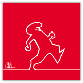 Quadro Illustrazione minimalista di Mr. Linea camminando verso destra su sfondo rosso, con firma dell'artista Osvaldo Cavandoli.