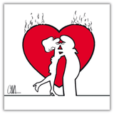 Quadro di Cavandoli raffigurante MrLINEA in un tenero bacio, simbolo di passione, su un cuore rosso sfavillante.