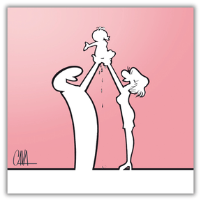 Quadro di Illustrazione artistica "MrLINEA Baby rosa", raffigurante un bambino tra due figure su sfondo rosa, creata dall'artista Osvaldo Cavandoli.