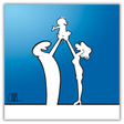 Quadro dell'Opera artistica "MrLINEA Baby azzurro", rappresentazione minimalista di un bambino sospeso tra due figure adulte, creata da Osvaldo Cavandoli.