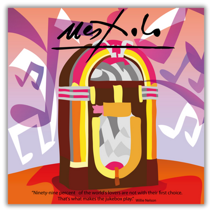 Quadro Opera 'Collezionismo' di Ugo Nespolo, rappresentazione artistica di jukebox colorati, disponibile su Mycrom.art.