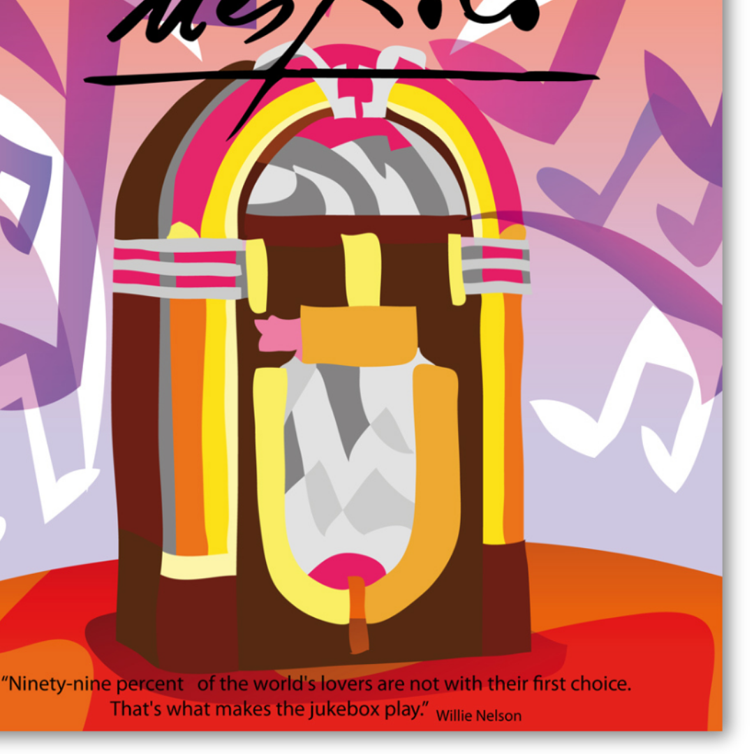 Dettaglio Quadro Opera 'Collezionismo' di Ugo Nespolo, rappresentazione artistica di jukebox colorati, disponibile su Mycrom.art.