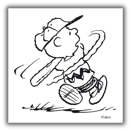 Quadro in bianco e nero di "Charlie Brown Playing Baseball", con Charlie Brown che si lancia con energia per colpire una palla da baseball.