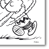 Dettaglio dell'Illustrazione in bianco e nero di "Charlie Brown Playing Baseball", con Charlie Brown che si lancia con energia per colpire una palla da baseball.