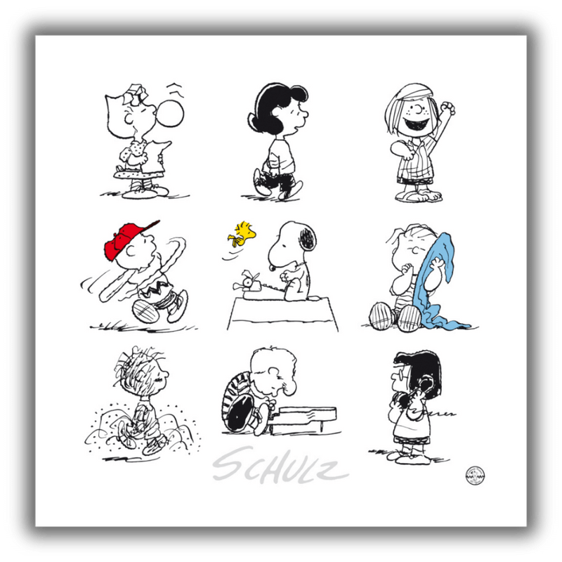 Serigrafia 'Peanuts e gli Amici di Schulz' in elegante cornice, perfetta per aggiungere un tocco artistico alla tua casa. Stampa a colori.