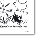 Dettaglio di SNOOPY, Happy friends! con Snoopy e un amico che danzano felici, in uno stile grafico in bianco e nero.