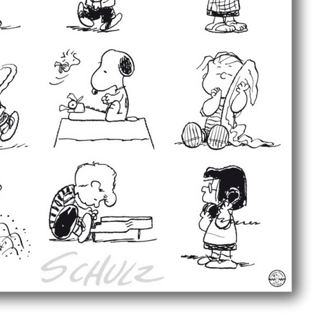 Serigrafia 'Peanuts e gli Amici di Schulz' in elegante cornice, perfetta per aggiungere un tocco artistico alla tua casa. Particolare B/N ingrandito.