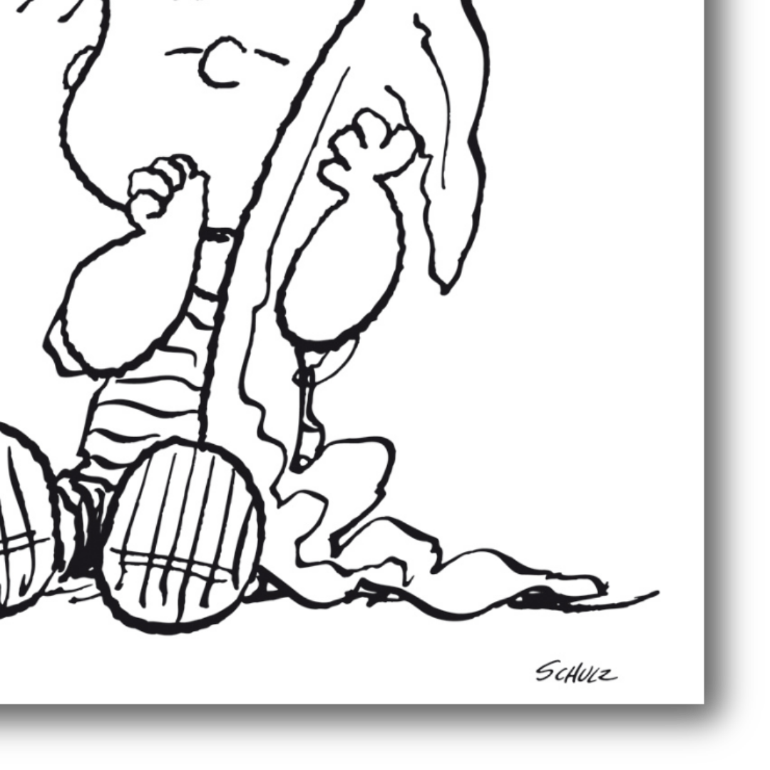 Dettaglio: Linus e la sua Copertina mostra Linus dei Peanuts abbracciato alla sua copertina, disponibile in bianco, giallo o azzurro, simbolo di comfort e sicurezza.