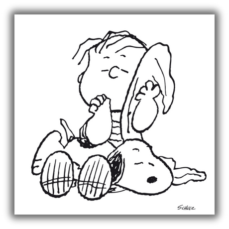 Quadro di "Snoopy, Linus e la Coperta" con Linus che abbraccia una coperta bianca accanto a Snoopy.