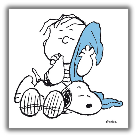 Quadro di "Snoopy, Linus e la Coperta" con Linus che abbraccia una coperta azzurra accanto a Snoopy.