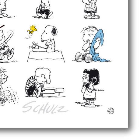 Dettaglio della Serigrafia 'Peanuts e gli Amici di Schulz' in elegante cornice, perfetta per aggiungere un tocco artistico alla tua casa. Stampa a Colori appesa.