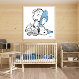 Ambientazione dell'Illustrazione di "Snoopy, Linus e la Coperta" con Linus che abbraccia una coperta azzurra accanto a Snoopy.