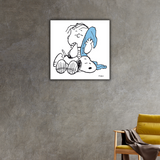Quadro ambientato di "Snoopy, Linus e la Coperta" con Linus che abbraccia una coperta azzurra accanto a Snoopy.