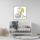 Ambientazione dell'Illustrazione di "Snoopy, Linus e la Coperta" con Linus che abbraccia una coperta gialla accanto a Snoopy.