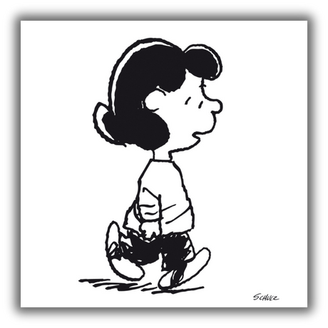 Quadro di "Peanuts Family: Lucy Van Pelt" che mostra Lucy in bianco e nero, con una postura sicura e uno sguardo deciso.