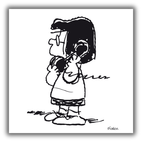 Quadro di Peanuts Family: Lucy Van Pelt on the Phone mostra Lucy impegnata in una telefonata, evidenziando l'attitudine comunicativa del personaggio.