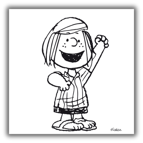 Quadro Hello, Peppermint Patty! mostra il personaggio di Patty che saluta con la mano, sorridente e pieno di energia, in un'illustrazione in bianco e nero.