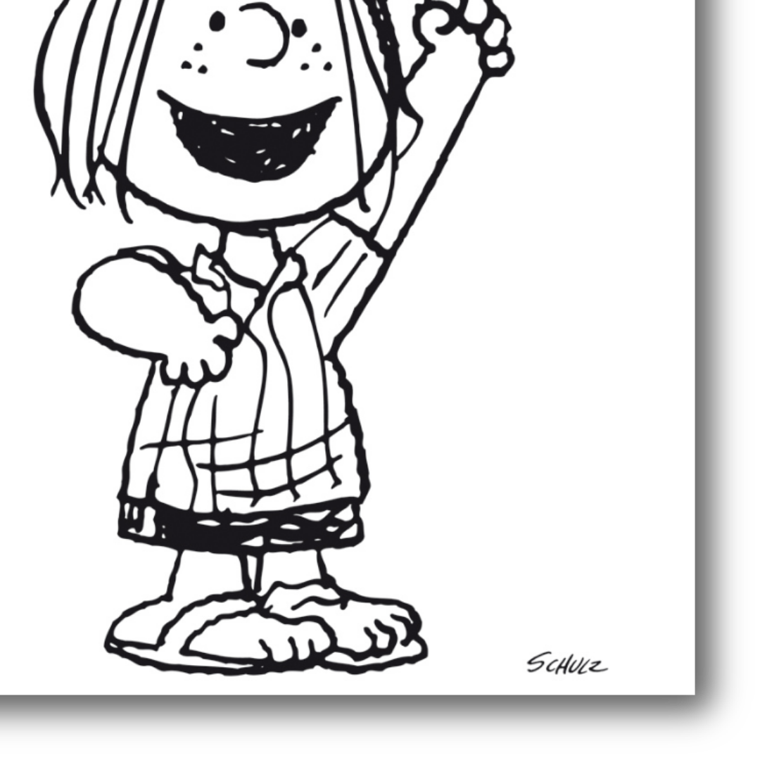 Dettaglio di Hello, Peppermint Patty! mostra il personaggio di Patty che saluta con la mano, sorridente e pieno di energia, in un'illustrazione in bianco e nero.