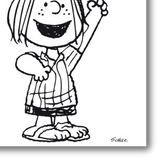Dettaglio di Hello, Peppermint Patty! mostra il personaggio di Patty che saluta con la mano, sorridente e pieno di energia, in un'illustrazione in bianco e nero.
