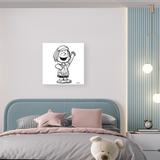 Ambientazione di Hello, Peppermint Patty! mostra il personaggio di Patty che saluta con la mano, sorridente e pieno di energia, in un'illustrazione in bianco e nero.