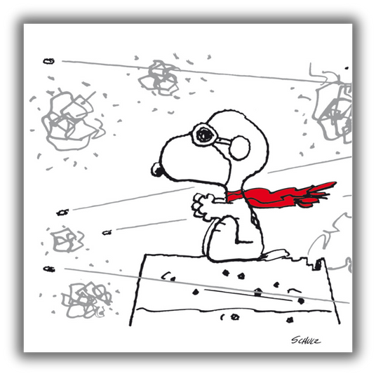 Il Quadro Snoopy, the Red Baron ritrae Snoopy con una sciarpa rossa, in posa eroica sopra la sua cuccia, immaginandosi come un aviatore.