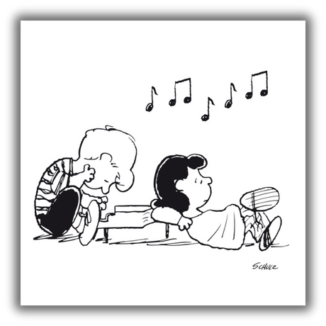 Quadro di "Schroeder, Lucy and the Piano" che mostra Lucy appoggiata amorevolmente al pianoforte su cui Schroeder suona, con note musicali nell'aria.