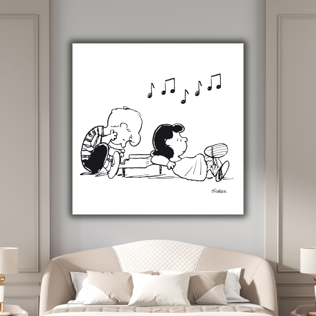 Ambientazione dell'Illustrazione di "Schroeder, Lucy and the Piano" che mostra Lucy appoggiata amorevolmente al pianoforte su cui Schroeder suona, con note musicali nell'aria.