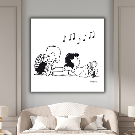 Ambientazione dell'Illustrazione di "Schroeder, Lucy and the Piano" che mostra Lucy appoggiata amorevolmente al pianoforte su cui Schroeder suona, con note musicali nell'aria.