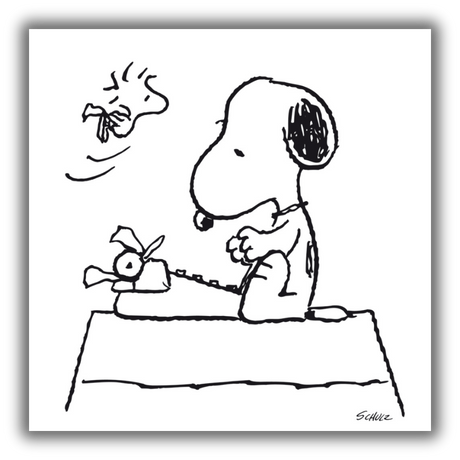 Il Quadro Snoopy, the Writer" mostra Snoopy seduto al suo tavolo da scrittura, immerso nei suoi pensieri, con Woodstock che vola vicino.