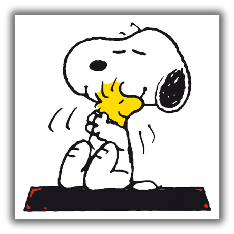 Quadro di "Snoopy Love Woodstock" con Snoopy che abbraccia teneramente Woodstock, entrambi raffigurati in bianco e nero.