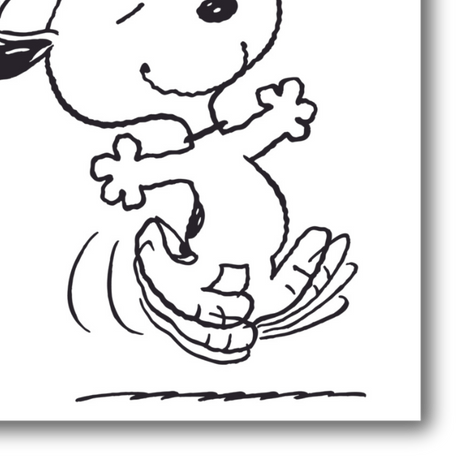 Dettaglio di Snoopy, Be Happy mostra Snoopy in un momento di pura felicità, danzando con le braccia aperte e un sorriso radioso.