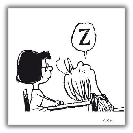Quadro di Lucy, Patty and the School ritrae Peppermint Patty addormentata al suo banco con un fumetto 'Z' a indicare il sonno, mentre Lucy la osserva.