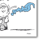Il Dettaglio di Linus, Zip! mostra Linus con una espressione sorpresa mentre qualcosa sfreccia sopra di lui, con la parola "ZIP!" in alto e un tratto di colore blu che rappresenta il movimento improvviso.