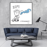 Ambientazione di Linus, Zip! mostra Linus con una espressione sorpresa mentre qualcosa sfreccia sopra di lui, con la parola "ZIP!" in alto e un tratto di colore blu che rappresenta il movimento improvviso.