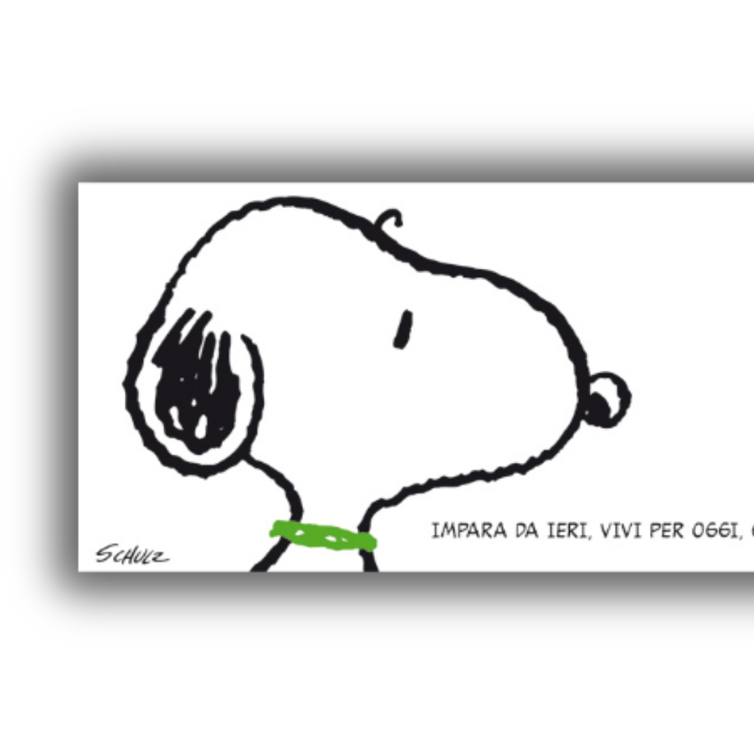 Snoopy seduto sulla sua cuccia, contempla la vita, con una bolla di citazione in italiano e inglese che riflette sull'imparare da ieri, vivere per oggi e restare nel pomeriggio. Dettaglio tela